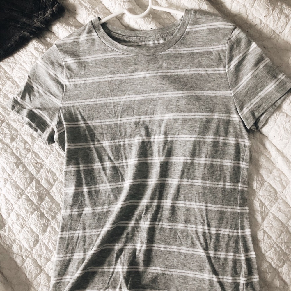 fitted grey and white striped shirt!